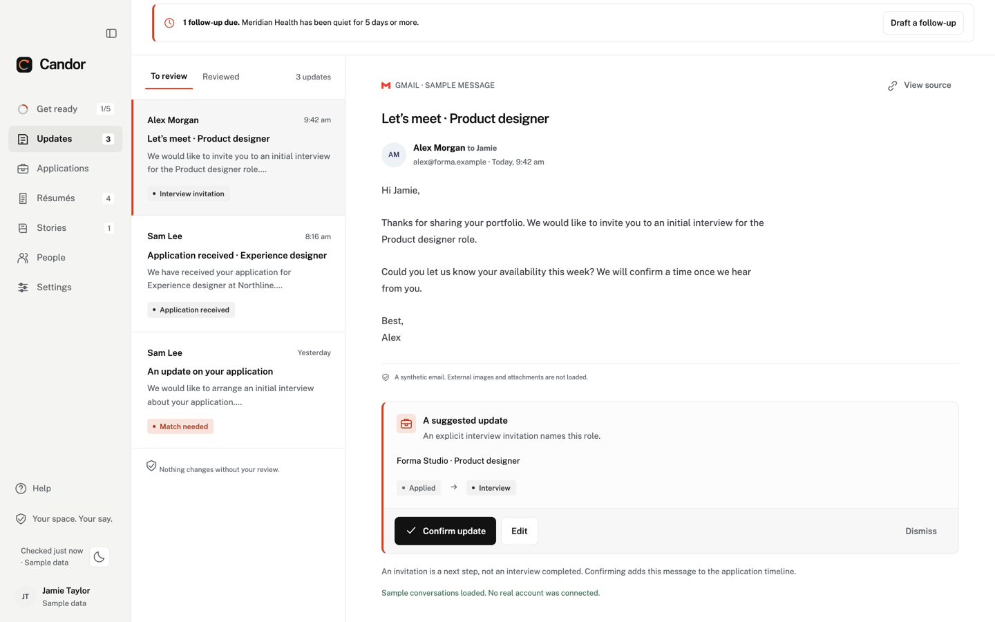 Candor showing a suggested application update beside its source email, with fictional data