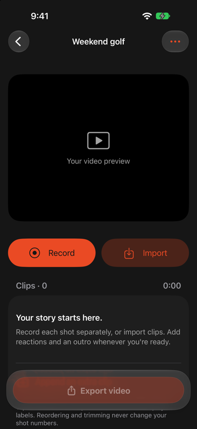 Holecut editor for a new video with Record and Import buttons