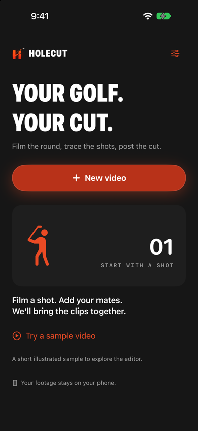 Holecut home screen with the tagline Your golf. Your cut.