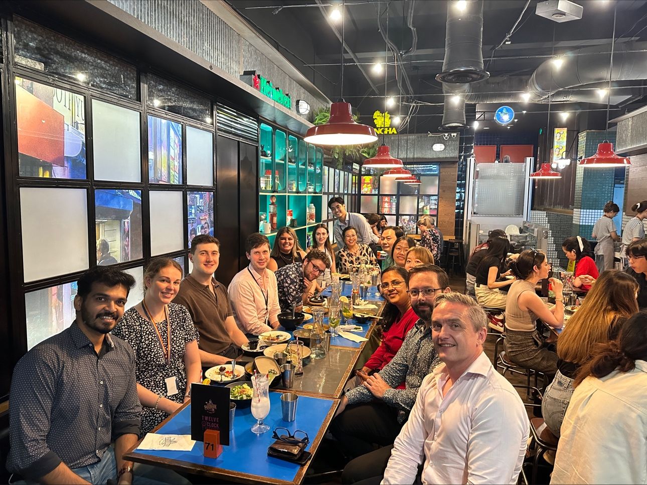 A group seated around a restaurant table
